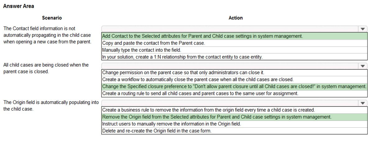 Answer Area
Scenario

The Contact field information is not
automatically propagating in the child case
when opening a new case from the parent.

All child cases are being closed when the
parent case is closed

The Origin field is automatically populating into
the child case

Action
¥
[Add Contact to the Selected attributes for Parent and Child case settings in system management.
Copy and paste the contact from the Parent case.
Manually type the contact into the field
In your solution, create a 1:N relationship from the contact entity to case entity.
¥

Change permission on the parent case so that only administrators can close
Create a workflow to automatically close the parent case when all the child cases are closed.

|Change the Specified closure preference to “Don't allow parent closure until all Child cases are closed!” in system management
(Create a routing rule to send all child cases and parent cases to the same user for assignment.

Create a business rule to remove the information from the origin field every time a child case is created.
Remove the Origin field from the Selected attributes for Parent and Child case settings in system management.
Instruct users to manually remove the information in the Origin field

Delete and re-create the Origin field in the case form.