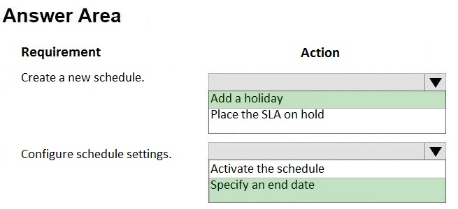 Answer Area

Requirement

Create a new schedule.

Configure schedule settings.

Action

[Add a holiday
Place the SLA on hold

‘Activate the schedule
‘specify an end date