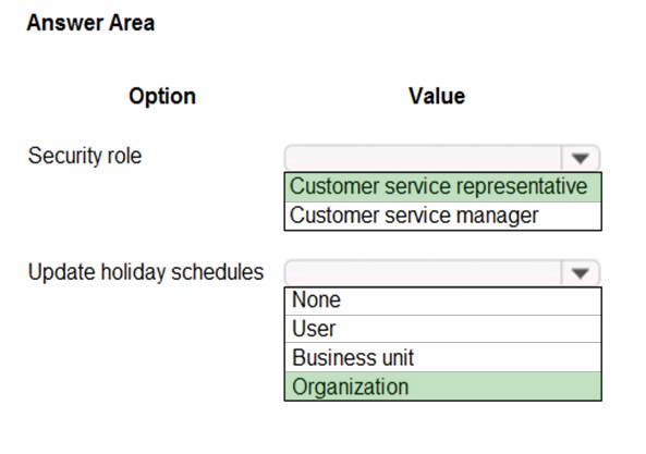 Answer Area

Option

Security role

Update holiday schedules

Value
¥
Customer service representative
Customer service manager
¥
None
User

Business unit

Organization