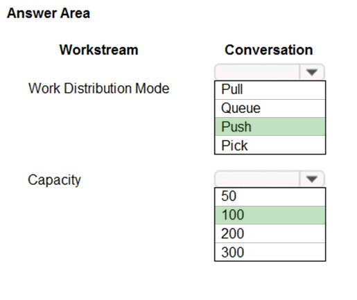 Answer Area

Workstream

Work Distribution Mode

Capacity

Conversation
¥

Pull
Queue
Push
Pick