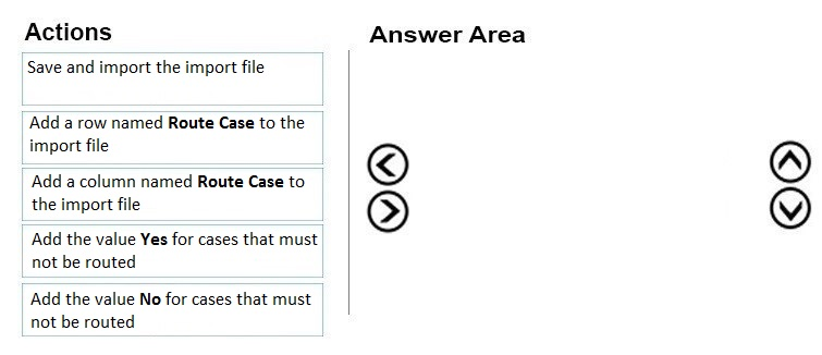 Actions

Save and import the import file
‘Add a row named Route Case to the
import file

‘Add a column named Route Case to
the import file

Add the value Yes for cases that must
not be routed

Add the value No for cases that must
not be routed

Answer Area

©O@