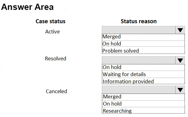 Answer Area

Case status

Active

Resolved

Canceled

Status reason

lv
Merged
(On hold
Problem solved
lv
(On hold
Waiting for details
Information provided
lv

Merged
On hold

Researching
