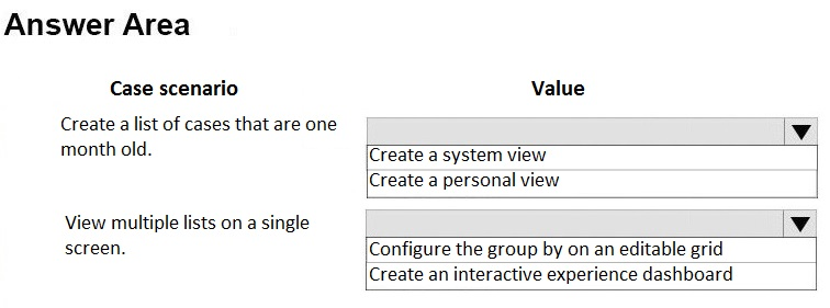 Answer Area

Case scenario

Create a list of cases that are one
month old.

View multiple lists on a single
screen.

Value

Create a system view
(Create a personal view

Configure the group by on an editable grid
Create an interactive experience dashboard