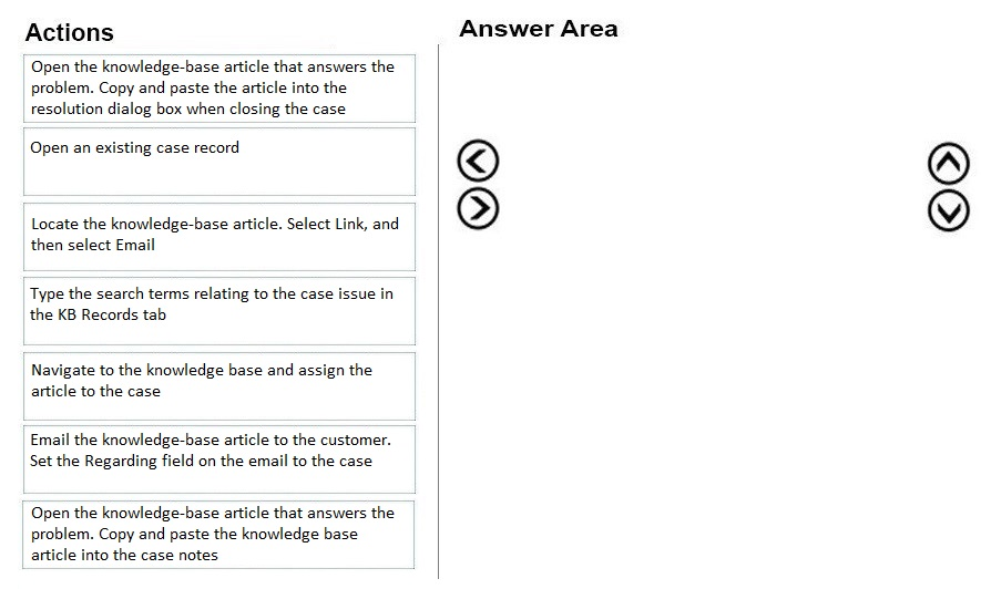 Actions

Open the knowledge-base article that answers the
problem. Copy and paste the article into the
resolution dialog box when closing the case

Open an existing case record

Locate the knowledge-base article. Select Link, and
then select Email

Type the search terms relating to the case issue in
the KB Records tab

Navigate to the knowledge base and assign the
article to the case

Email the knowledge-base article to the customer.
Set the Regarding field on the email to the case

Open the knowledge-base article that answers the
problem. Copy and paste the knowledge base
ito the case notes

Answer Area

©O@