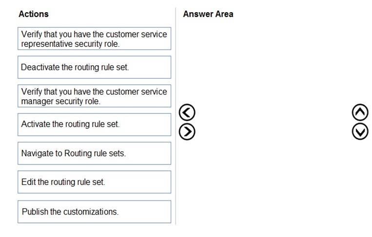 Actions

Verify that you have the customer service
representative security role.

Deactivate the routing rule set.

Verify that you have the customer service
manager security role.

Activate the routing rule set.

Navigate to Routing rule sets.

Edit the routing rule set.

Publish the customizations.

Answer Area

GO

6©O