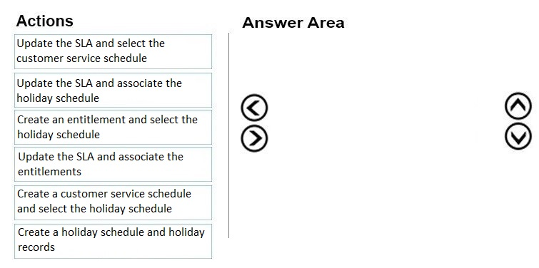 Actions

Update the SLA and select the
customer service schedule

Update the SLA and associate the
holiday schedule

Create an entitlement and select the
holiday schedule

Update the SLA and associate the
entitlements

Create a customer service schedule
and select the holiday schedule

Create a holiday schedule and holiday
records

Answer Area

©O@