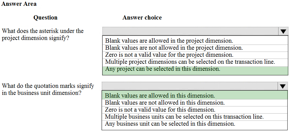 Answer Area

Question

What does the asterisk under the
project dimension signify?

What do the quotation marks signify
in the business unit dimension?

Answer choice

Blank values are allowed in the project dimension.

Blank values are not allowed in the project dimension.

Zero is not a valid value for the project dimension.

Multiple project dimensions can be selected on the transaction line.
Any project can be selected in this dimension.

Blank values are allowed in this dimension.

Blank values are not allowed in this dimension.

Zero is not a valid value for this dimension.

Multiple business units can be selected on this transaction line.
Any business unit can be selected in this dimension.