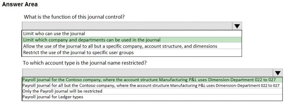 Answer Area

What is the function of this journal control?

Limit who can use the journal
Limit which company and departments can be used in the journal
Allow the use of the journal to all but a specific company, account structure, and dimensions

Restrict the use of the journal to specific user groups

To which account type is the journal name restricted?
Vv
n-Department 022 to 027

en

[Payroll journal for the Contoso company, where the account structure Manufacturing P&L uses
Payroll journal for all but the Contoso company, where the account structure Manufacturing P&L uses Dimension-Department 022 to 027

lOnly the Payroll journal will be restricted
JPayroll journal for Ledger types