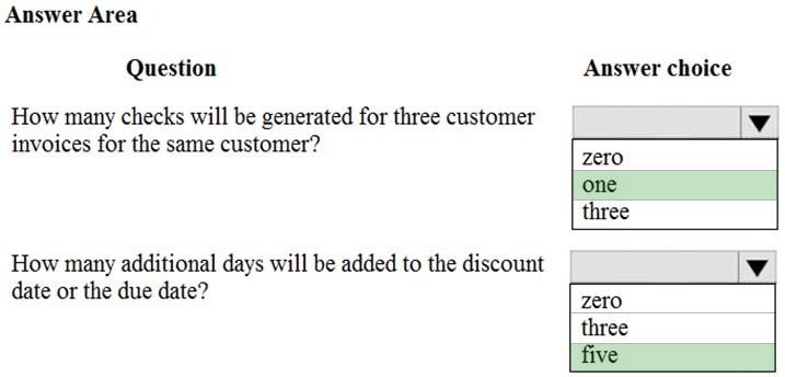 Answer Area

Question

How many checks will be generated for three customer
invoices for the same customer?

How many additional days will be added to the discount
date or the due date?

Answer choice

Vv
zero
one
three

lv
zero
three
