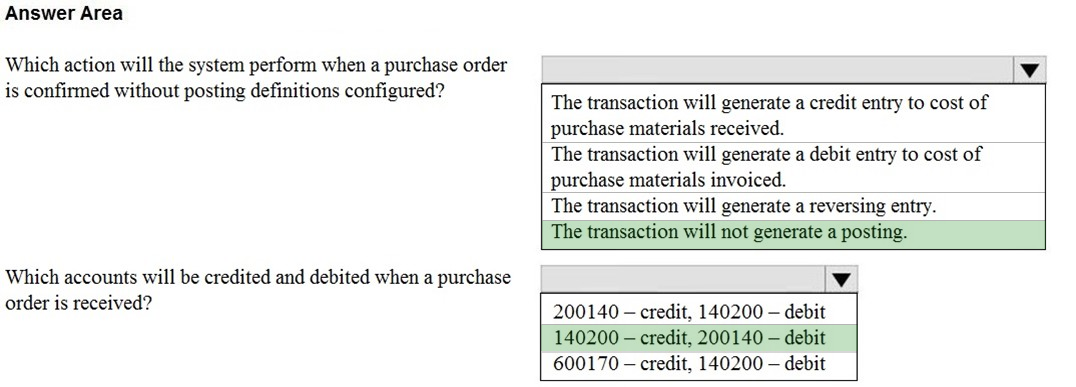 Answer Area

Which action will the system perform when a purchase order lv

is confirmed without posting definitions configured? : zi 7
Pe s gun The transaction will generate a credit entry to cost of

purchase materials received.

The transaction will generate a debit entry to cost of
purchase materials invoiced.

The transaction will generate a reversing entry.

The transaction will not generate a posting.

Which accounts will be credited and debited when a purchase lv

Ordenis recetved? 200140 — credit, 140200 — debit
140200 — credit, 200140 — debit
600170 — credit, 140200 — debit