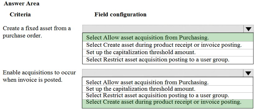 Answer Area

Criteria

Create a fixed asset from a
purchase order.

Enable acquisitions to occur
when invoice is posted.

Field configuration

Select Allow asset acquisition from Purchasing.

Select Create asset during product receipt or invoice posting.
Set up the capitalization threshold amount.

Select Restrict asset acquisition posting to a user group.

Select Allow asset acquisition from Purchasing.

Set up the capitalization threshold amount.

Select Restrict asset acquisition posting to a user group.
Select Create asset during product receipt or invoice posting.