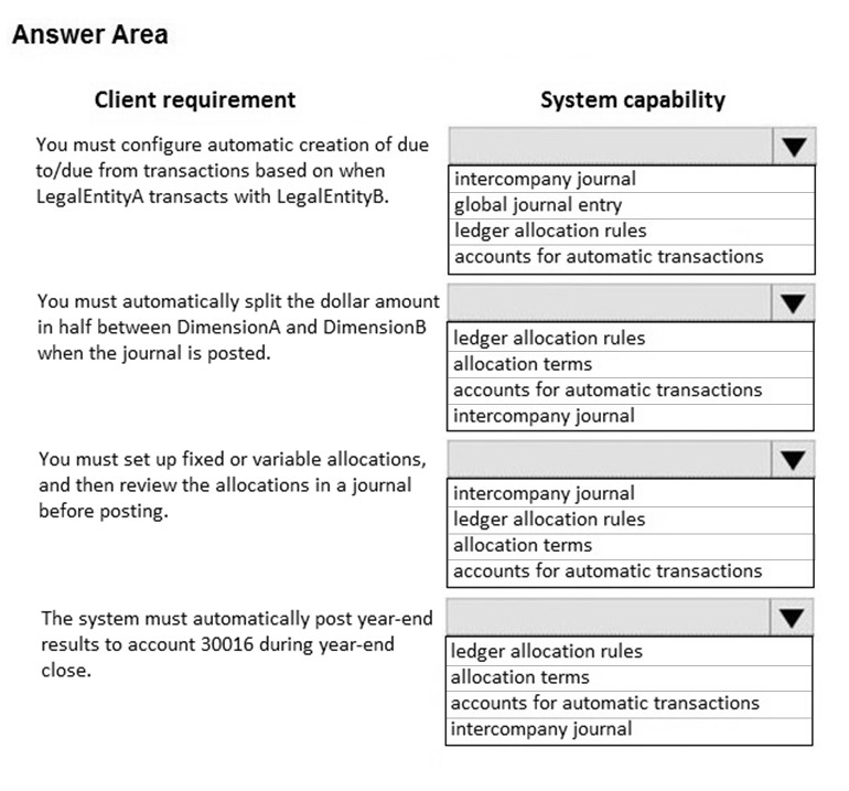 Answer Area

Client requirement

You must configure automatic creation of due
to/due from transactions based on when
LegalEntityA transacts with LegalEntityB.

You must automatically split the dollar amount
in half between DimensionA and DimensionB
when the journal is posted.

You must set up fixed or variable allocations,
and then review the allocations in a journal
before posting.

The system must automatically post year-end
results to account 30016 during year-end
close.

System capability

intercompany journal

global journal entry

ledger allocation rules

accounts for automatic transactions

ledger allocation rules

allocation terms

accounts for automatic transactions
intercompany journal

intercompany journal

ledger allocation rules

allocation terms

accounts for automatic transactions

ledger allocation rules

allocation terms

accounts for automatic transactions
intercompany journal