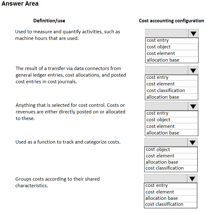 Answer Area

Definition/use Cost accounting configuration
Used to measure and quantify activities, such as v
machine hours that are used. cost entry
cost object

cost element
allocation base

The result of a transfer via data connectors from v
general ledger entries, cost allocations, and posted rene
cost entries in cost journals. ‘cost element

cost classification
allocation base

Anything that is selected for cost control. Costs or Vv
revenues are either directly posted on or allocated cost entry
to these. cost object

cost element
allocation base

Used as a function to track and categorize costs. Vv
cost object

cost element
allocation base

[cost classification

Groups costs according to their shared v

characteristics. cost entry
cost element

allocation base
[cost classification
