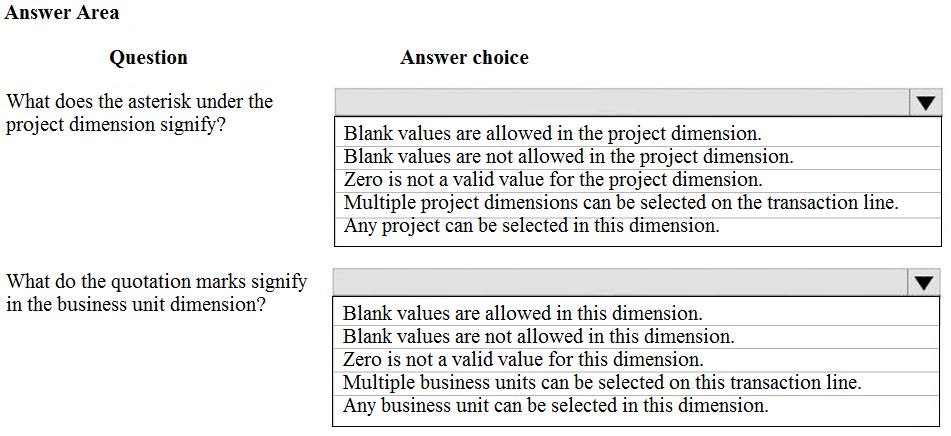 Answer Area

Question

What does the asterisk under the
project dimension signify?

What do the quotation marks signify
in the business unit dimension?

Answer choice

Blank values are allowed in the project dimension.

Blank values are not allowed in the project dimension.

Zero is not a valid value for the project dimension.

Multiple project dimensions can be selected on the transaction line.
Any project can be selected in this dimension.

Blank values are allowed in this dimension.

Blank values are not allowed in this dimension.

Zero is not a valid value for this dimension.

Multiple business units can be selected on this transaction line.
Any business unit can be selected in this dimension.