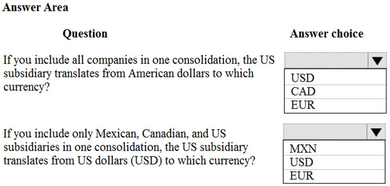 Answer Area
Question

If you include all companies in one consolidation, the US
subsidiary translates from American dollars to which
currency?

If you include only Mexican, Canadian, and US
subsidiaries in one consolidation, the US subsidiary
translates from US dollars (USD) to which currency?

Answer choice