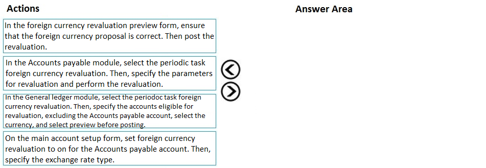 Actions

In the foreign currency revaluation preview form, ensure

that the foreign currency proposal is correct. Then post the|
revaluation.

In the Accounts payable module, select the periodic task
foreign currency revaluation. Then, specify the parameters
for revaluation and perform the revaluation.

In the General ledger module, select the periodoc task foreign
currency revaluation. Then, specify the accounts eligible for
revaluation, excluding the Accounts payable account, select the
‘currency, and select preview before posting.

‘On the main account setup form, set foreign currency
revaluation to on for the Accounts payable account. Then,
specify the exchange rate type.

GO

Answer Area