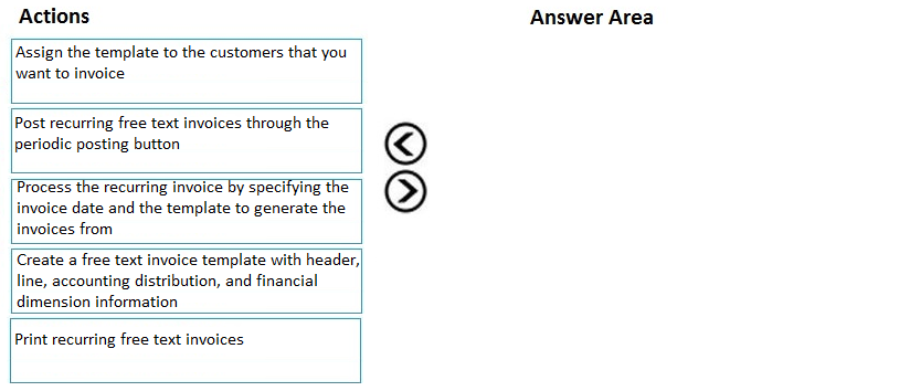 Act

ns

‘Assign the template to the customers that you
want to invoice

Post recurring free text invoices through the
periodic posting button

Process the recurring invoice by specifying the
invoice date and the template to generate the
invoices from

Create a free text invoice template with header,
line, accounting distribution, and financial
dimension information

Print recurring free text invoices

GO

Answer Area