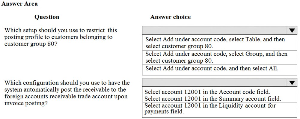 Answer Area

Question Answer choice

Which setup should you use to restrict this lv

posting profile to customers belonging to

i 802 Select Add under account code, select Table, and then
customer group 80?

select customer group 80.

Select Add under account code, select Group, and then
select customer group 80.
Select Add under account code, and then select All.

Which configuration should you use to have the | Vv

system automatically post the receivable to the
foreign accounts receivable trade account upon
invoice posting?

Select account 12001 in the Account code field.
Select account 12001 in the Summary account field.

Select account 12001 in the Liquidity account for
payments field.