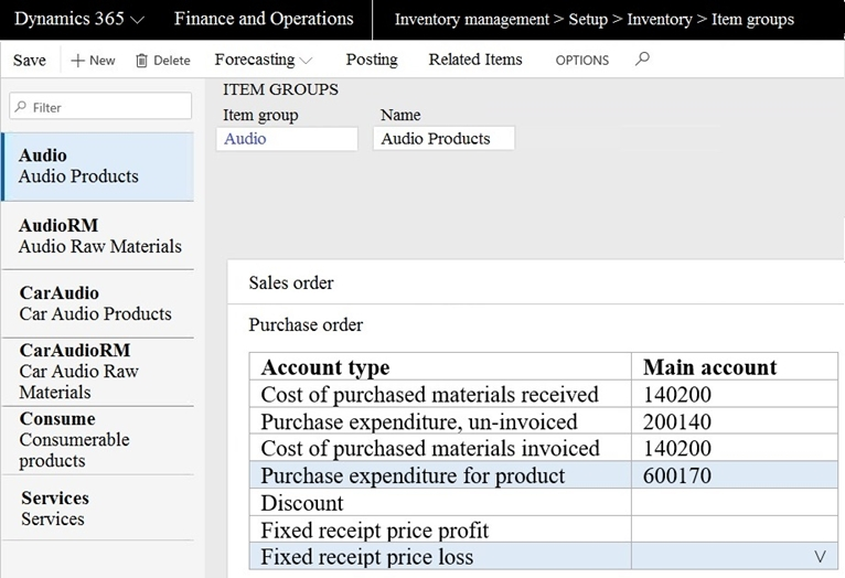 Dynamics 365 Finance and Operations | Inventory management > Setup > Inventory > Item groups

Save +New [Delete Forecasting Posting Related Items OPTIONS
ITEM GROUPS
Item group Name
Audio Audio Products
Audio

Audio Products

AudioRM
Audio Raw Materials

Sales order

CarAudio

Car Audio Products Purchaseonier

CarAudioRM

Car Audio Raw Account type Main account

Materials Cost of purchased materials received 140200

Consume Purchase expenditure, un-invoiced 200140

itr Cost of purchased materials invoiced 140200
Purchase expenditure for product 600170

Services Discount

San
ervices Fixed receipt price profit

Fixed receipt price loss Vv