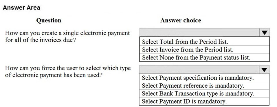 Answer Area
Question

How can you create a single electronic payment
for all of the invoices due?

How can you force the user to select which type
of electronic payment has been used?

Answer choice

lv
Select Total from the Period list.
Select Invoice from the Period list.
Select None from the Payment status list.

lv

i

Select Payment specification is mandatory.
Select Payment reference is mandatory.
Select Bank Transaction type is mandatory.
Select Payment ID is mandatory.