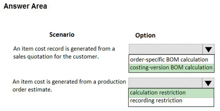 Answer Area

Scenario Option

An item cost record is generated from a Vv

sales quotation for the customer. order-specific BOM calculation
costing-version BOM calculation

An item cost is generated from a production
order estimate.

v
calculation restriction
recording restriction