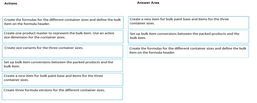 Actions

Answer Area

Create the formulas for the different container sizes and define the bulk
item on the formula header.

Create a new item for bulk paint base and items for the three
container sizes.

Create one product master to represent the bulk item. Use an active
size dimension for the container sizes.

Set up bulk item conversions between the packed products and the
bul

Create size variants for the three container sizes.

Create the formulas for the different container sizes and define the bulk
item on the formula header.

Set up bulk item conversions between the packed products and the
bulk item.

Create a new item for bulk paint base and items for the three
container sizes.

Create three formula versions for the different container sizes.