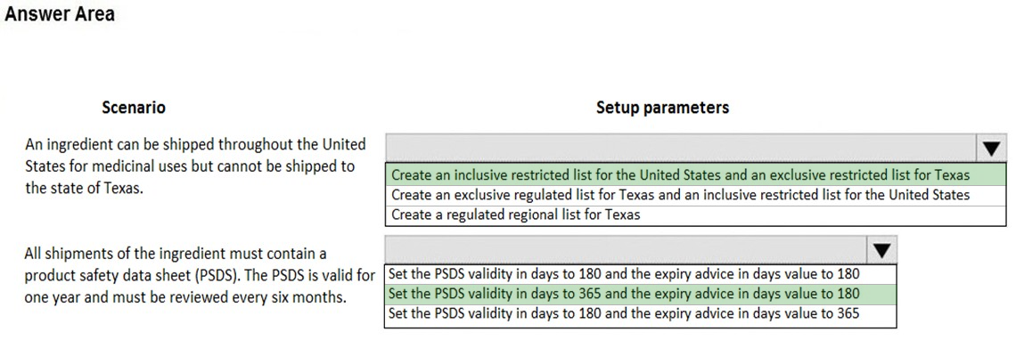 Answer Area

Scenario

An ingredient can be shipped throughout the United
States for medicinal uses but cannot be shipped to
the state of Texas.

All shipments of the ingredient must contain a
product safety data sheet (PSDS). The PSDS is valid for
one year and must be reviewed every six months.

Setup parameters

Create a regulated regional list for Texas

Create an inclusive restricted list for the United States and an exclusive restricted list for Texas

Create an exclusive regulated list for Texas and an inclusive restricted list for the United States

Vv

‘Set the PSDS validity in days to 180 and the expiry advice in days value to 180
Set the PSDS validity in days to 365 and the expiry advice in days value to 180
Set the PSDS validity in days to 180 and the expiry advice in days value to 365