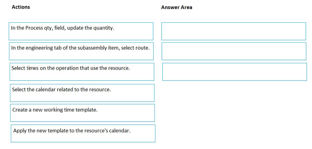 Actions

Answer Area

In the Process qty, field, update the quantity.

In the engineering tab of the subassembly item, select route.

Select times on the operation that use the resource.

Select the calendar related to the resource.

Create a new working time template.

Apply the new template to the resource's calendar.