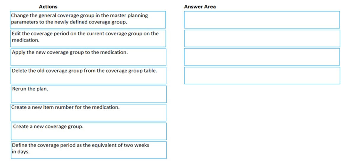 Actions

Change the general coverage group in the master planning.
parameters to the newly defined coverage group.

Answer Area

Edit the coverage period on the current coverage group on the
medication.

Apply the new coverage group to the medication.
Delete the old coverage group from the coverage group table.

Rerun the plan.

Create a new item number for the medication.

Create a new coverage group.

Define the coverage period as the equivalent of two weeks
in days.