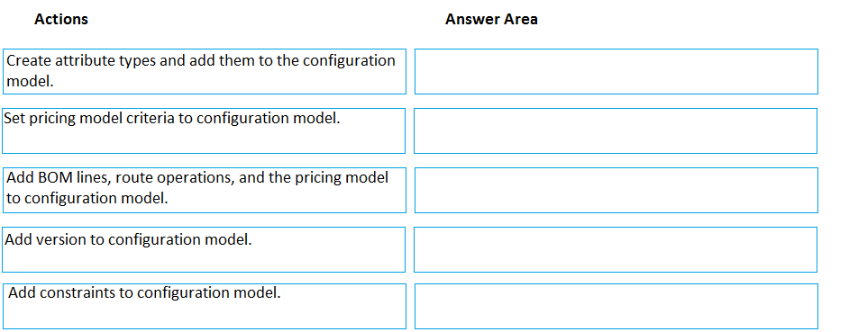 Actions

Answer Area

Create attribute types and add them to the configuration
model.

[Set pricing model criteria to configuration model.

Add BOM lines, route operations, and the pricing model
to configuration model.

‘Add version to configuration model.

Add constraints to configuration model.