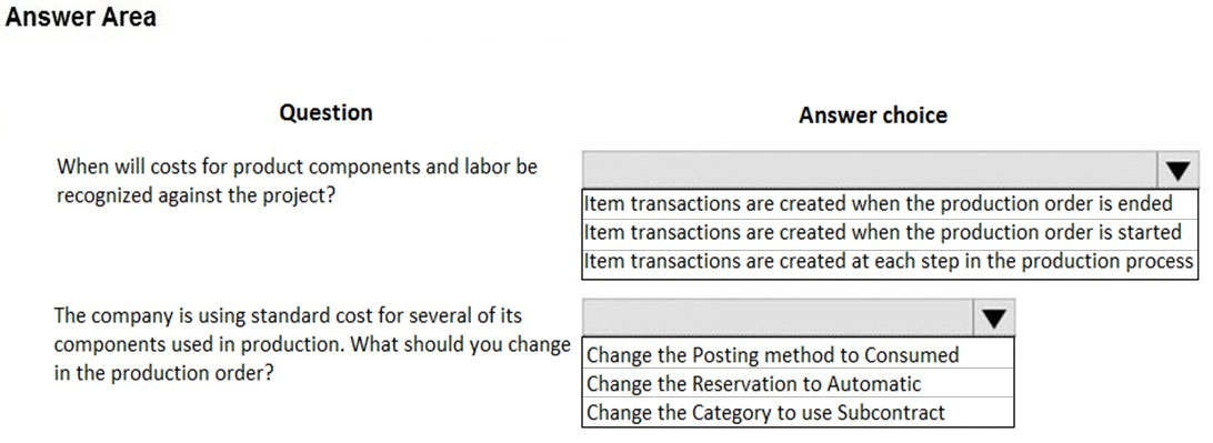 Answer Area

Question Answer choice
When will costs for product components and labor be Vv
recognized against the project? Item transactions are created when the production order is ended

Item transactions are created when the production order is started
item transactions are created at each step in the production process

The company is using standard cost for several of its Vv
components used in production. What should you change
in the production order?

Change the Posting method to Consumed
Change the Reservation to Automatic
Change the Category to use Subcontract