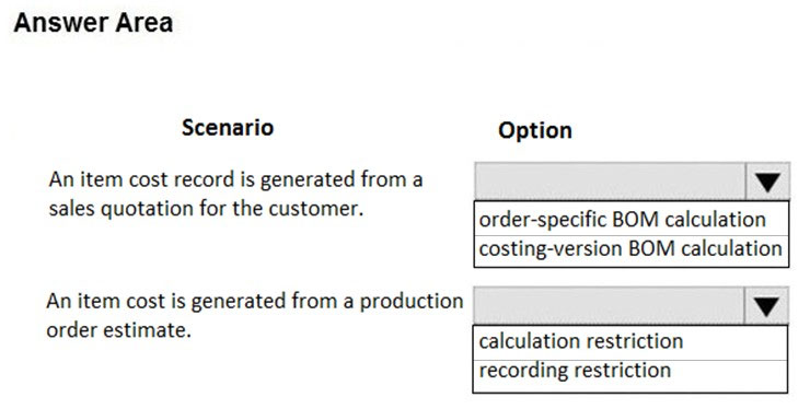 Answer Area

Scenario Option

An item cost record is generated from a Vv

sales quotation for the customer. order-specific BOM calculation

costing-version BOM calculation

An item cost is generated from a production Vv
ecclerestinates calculation restriction
recording restriction