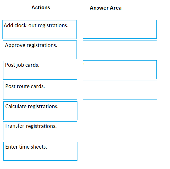 Actions

Answer Area

Add clock-out registrations.

Approve registrations.

Post job cards.

Post route cards.

Calculate registrations.

Transfer registrations.

Enter time sheets.