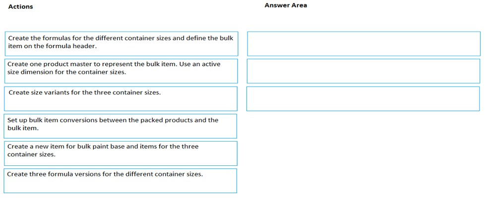 Actions

Answer Area

Create the formulas for the different container sizes and define the bulk
item on the formula header.

Create one product master to represent the bulk item. Use an active
size dimension for the container sizes.

Create size variants for the three container sizes.

‘Set up bulk item conversions between the packed products and the
bulk item.

Create a new item for bulk paint base and items for the three
container sizes.

Create three formula versions for the different container sizes.