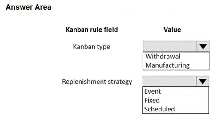 Answer Area

Kanban rule field Value

Kanban type
Withdrawal
Manufacturing

Replenishment strategy

Event
Fixed
Scheduled