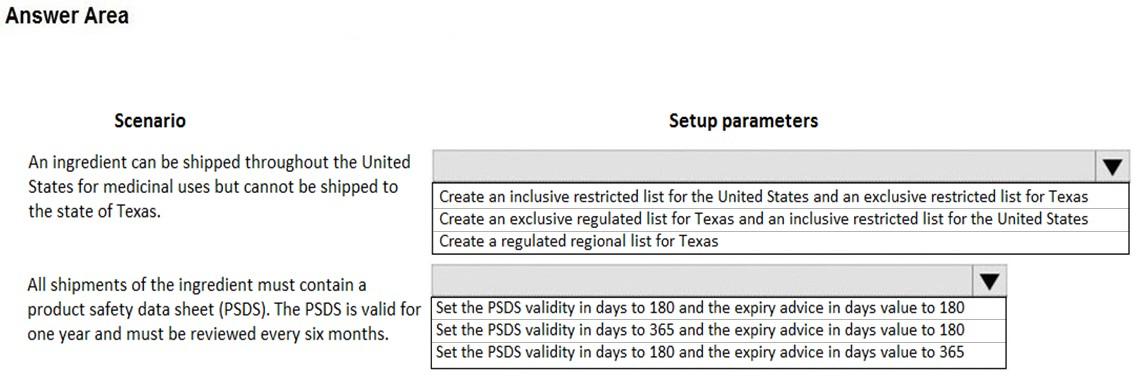 Answer Area

Scenario

An ingredient can be shipped throughout the United
States for medicinal uses but cannot be shipped to
the state of Texas.

All shipments of the ingredient must contain a
product safety data sheet (PSDS). The PSDS is valid for
one year and must be reviewed every six months.

Setup parameters

Create a regulated regional list for Texas

Create an inclusive restricted list for the United States and an exclusive restricted list for Texas

Create an exclusive regulated list for Texas and an inclusive restricted list for the United States

Vv

‘Set the PSDS validity in days to 180 and the expiry advice in days value to 180
Set the PSDS validity in days to 365 and the expiry advice in days value to 180
Set the PSDS validity in days to 180 and the expiry advice in days value to 365