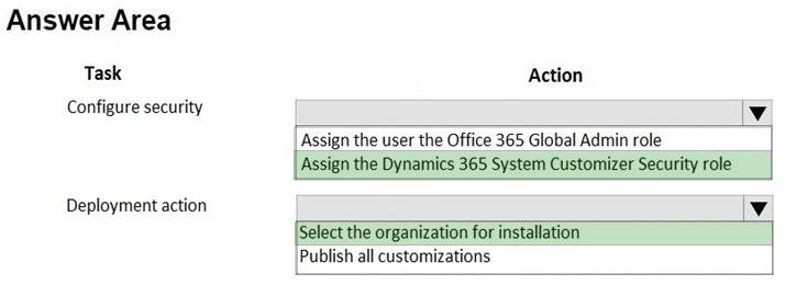 Answer Area

Task Action
Configure security \v

Assign the user the Office 365 Global Admin role
| Assign the Dynamics 365 System Customizer Security role

Deployment action | Vv

{Select the organization for installation
Publish all customizations