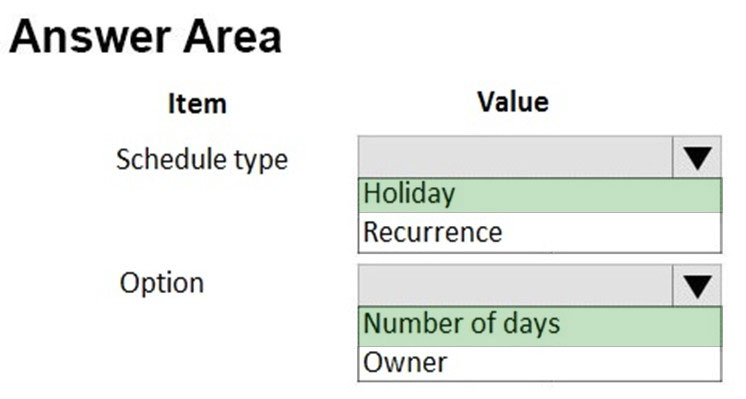 Answer Area

Item Value
Schedule type
Holiday
Recurrence
Option
Number of days
Owner