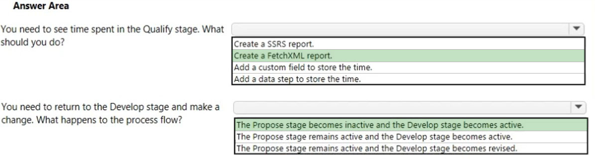 Answer Area

You need to see time spent in the Qualify stage. What

should you do? Create a SSRS report.
Create a FetchXML report.
|Add a custom field to store the time.

|Add a data step to store the time.

You need to return to the Develop stage and make a
change. What happens to the process flow?