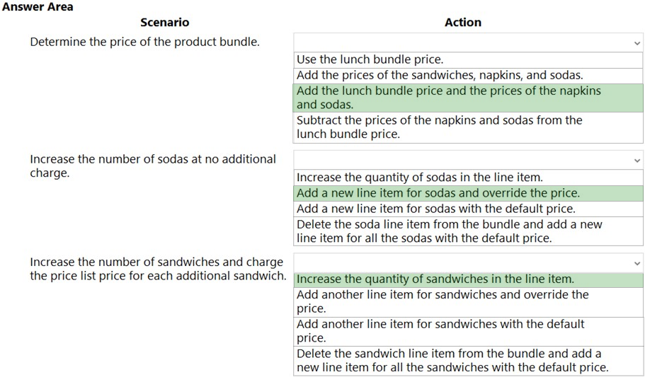 Answer Area
Scenario Action

Determine the price of the product bundle.
Use the lunch bundle price.
Add the prices of the sandwiches, napkins, and sodas.
‘Add the lunch bundle price and the prices of the napkins
and sodas.

Subtract the prices of the napkins and sodas from the
lunch bundle price.

Increase the number of sodas at no additional

charge. Increase the quantity of sodas in the line item.
Add a new line item for sodas and override the price.
Add a new line item for sodas with the default price.

Delete the soda line item from the bundle and add a new
line item for all the sodas with the default price.

Increase the number of sandwiches and charge

the price list price for each additional sandwich. \Increase the quantity of sandwiches in the line item.
Add another line item for sandwiches and override the
price.
Add another line item for sandwiches with the default
price.
Delete the sandwich line item from the bundle and add a
new line item for all the sandwiches with the default price.