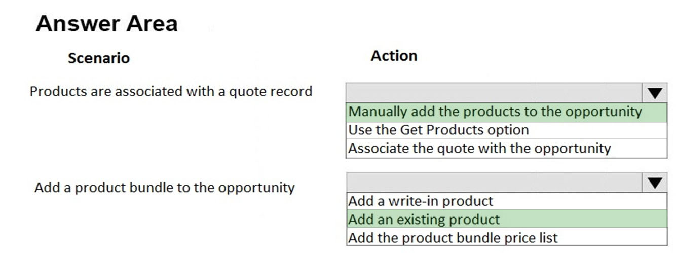 Answer Area
Scenario Action

Products are associated with a quote record Vv

Manually add the products to the opportunity
Use the Get Products option
Associate the quote with the opportunity

Add a product bundle to the opportunity | Vv

Add a write-in product
Add an existing product
Add the product bundle price list