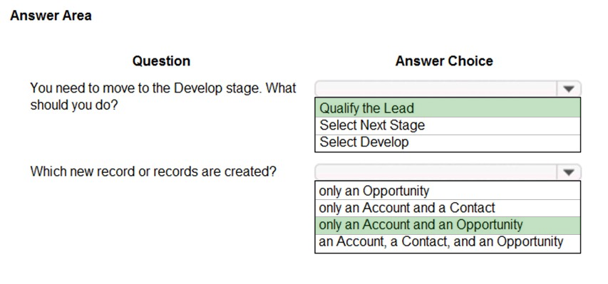 Answer Area

Question Answer Choice
You need to move to the Develop stage. What

should you do? Qualify the Lead
Select Next Stage
Select Develop

Which new record or records are created?

only an Opportunity

only an Account and a Contact

only an Account and an Opportunity

an Account, a Contact, and an Opportunity