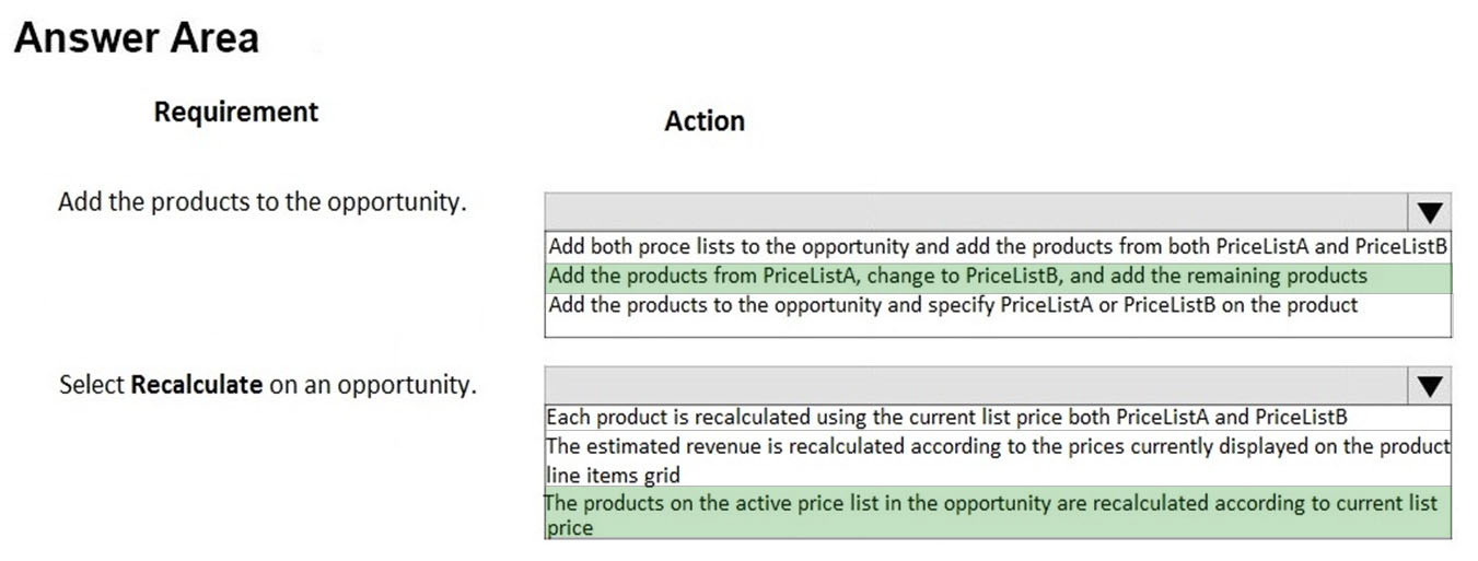 Answer Area

Requirement Action

Add the products to the opportunity. Vv
Add both proce lists to the opportunity and add the products from both PriceListA and PriceListB,
‘Add the products from PriceListA, change to PriceListB, and add the remaining products

‘Add the products to the opportunity and specify PriceListA or PriceListB on the product

Select Recalculate on an opportunity. | Vv
Each product is recalculated using the current list price both PriceListA and PriceListB
[The estimated revenue is recalculated according to the prices currently displayed on the product}
line items grid
e products on the active price list in the opportunity are recalculated according to current list
ice