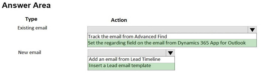 Answer Area

Type

Existing email

New email

Action

lv

‘Track the email from Advanced Find
Set the regarding field on the email from Dynamics 365 App for Outlook

lv

Add an email from Lead Timeline

Insert a Lead email template