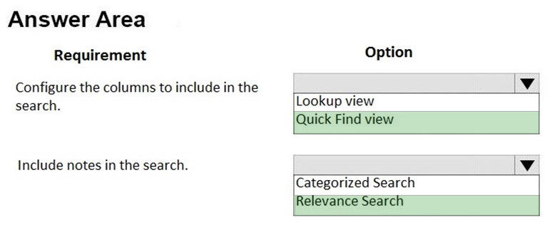 Answer Area
Requirement

Configure the columns to include in the
search.

Include notes in the search.

Option
lv
Lookup view
Quick Find view
lv

Categorized Search
‘Relevance Search