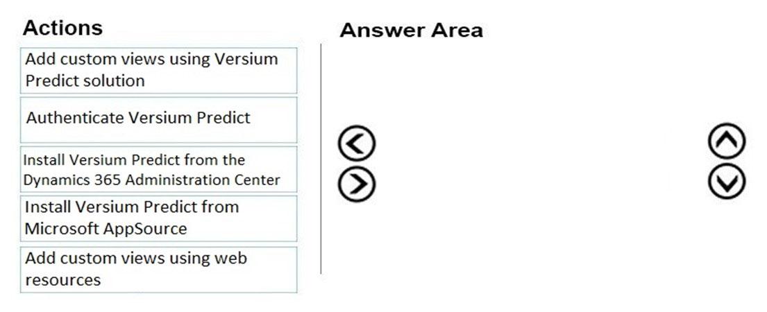 Actions
Add custom views using Versium
Predict solution

Authenticate Versium Predict

Install Versium Predict from the
Dynamics 365 Administration Center
Install Versium Predict from
Microsoft AppSource

Add custom views using web
resources

Answer Area

©O©