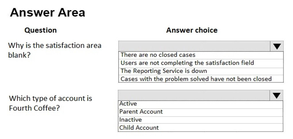 Answer Area
Question

Why is the satisfaction area
blank?

Which type of account is
Fourth Coffee?

Answer choice

lv

There are no closed cases
Users are not completing the satisfaction field
The Reporting Service is down

Cases with the problem solved have not been closed

lv

Active

Parent Account
Inactive

Child Account