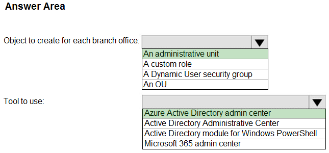 Answer Area

Object to create for each branch office:

|An administrative unit
|A custom role

IA Dynamic User security group
[An OU

Tool to use: v

[Azure Active Directory admin center
Active Directory Administrative Center

Active Directory module for Windows PowerShell
Microsoft 365 admin center