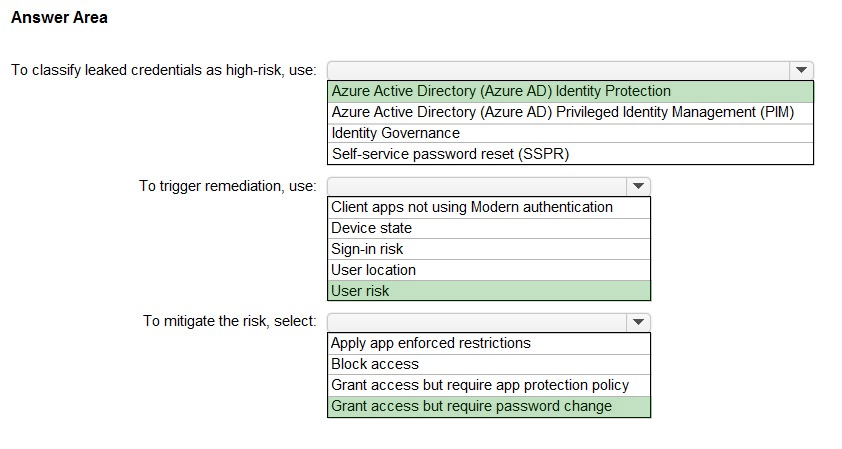 Answer Area

To classify leaked credentials as high-risk, use:

‘Azure Active Directory (Azure AD) Identity Protection
Azure Active Directory (Azure AD) Privileged Identity Management (PIM)
Identity Governance

Self-service password reset (SSPR)

To trigger remediation, use: ¥
Client apps not using Modem authentication
Device state

Sign-in risk

User location

User risk

To mitigate the risk, select: ¥
[Apply app enforced restrictions

Block access

Grant access but require app protection policy
Grant access but require password change