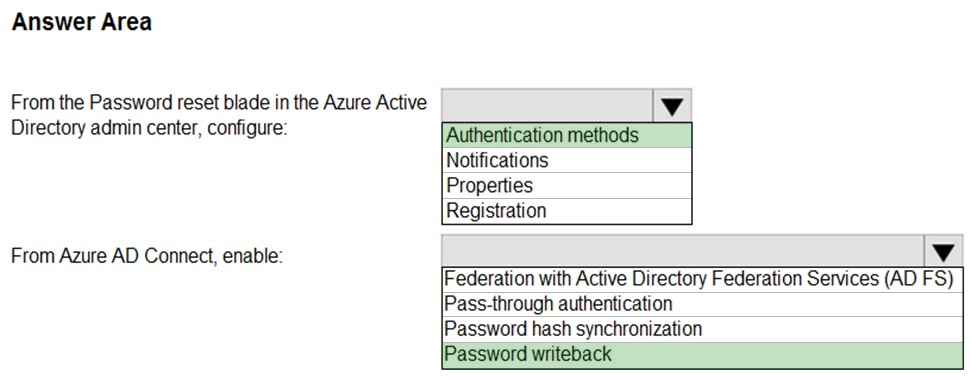 Answer Area

From the Password reset blade in the Azure Active

Directory admin center, configure: Authentication methods
Notifications
Properties
Registration

From Azure AD Connect, enable: | Vv

Federation with Active Directory Federation Services (AD FS)
Pass-through authentication

Password hash synchronization

[Password writeback